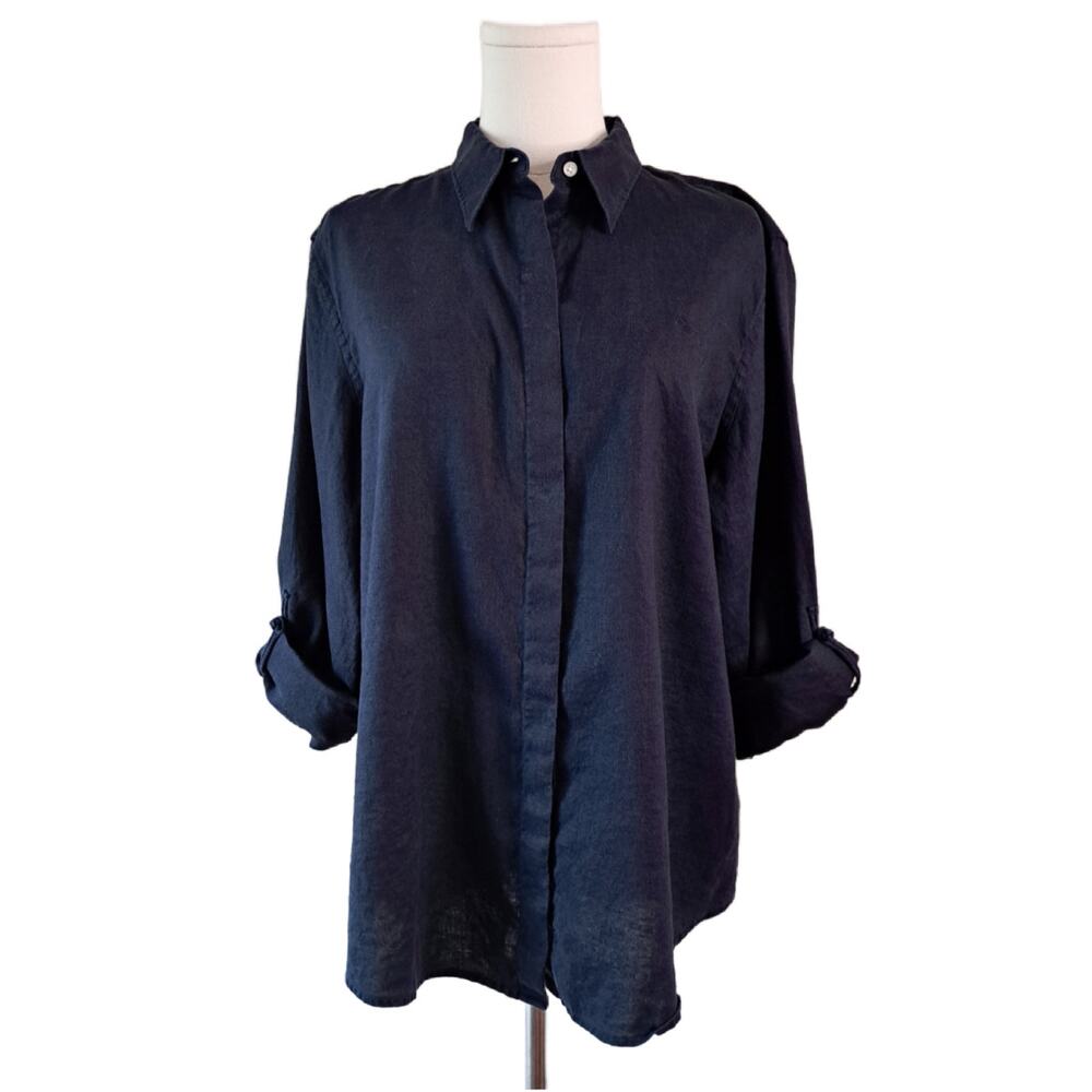 Lauren Ralph Lauren 100% Linen Roll Tab Long Sleeve Shirt Navy Blue Large